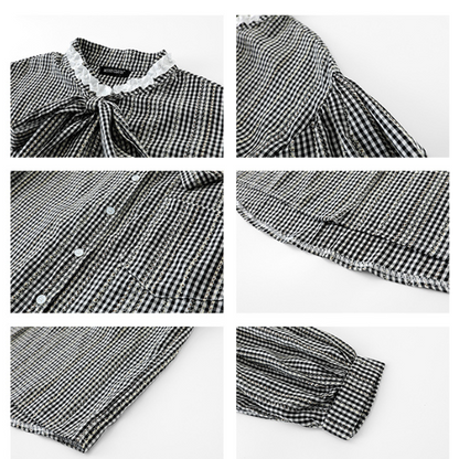 フロントリボンギンガムチェックルーズブラウス X-527