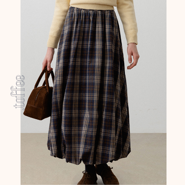 チェック柄ポケット付きバルーンロングスカート　《Z00720》