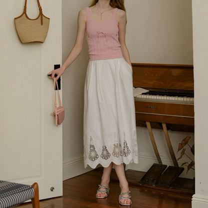 レーズヘムブラウス＆フローラルレースミモレ丈スカートセットアップ《Z00896》