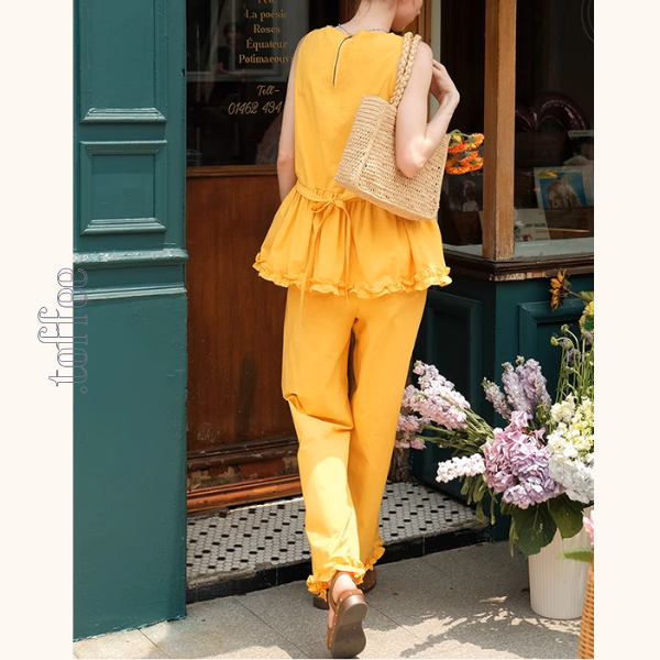 レースヘムペプラムノースリーブトップ＆ストレートパンツセットアップ 《Z00982》