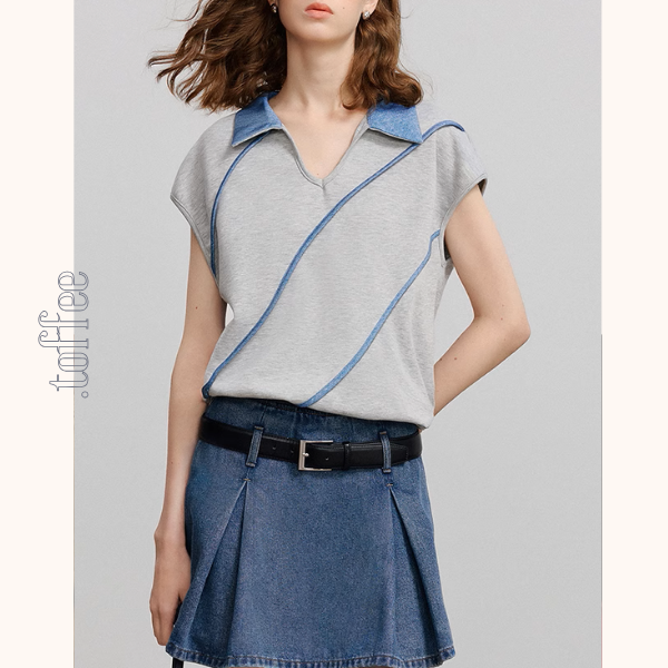 斜めラインVネックフレンチスリーブトップス《Z00922》