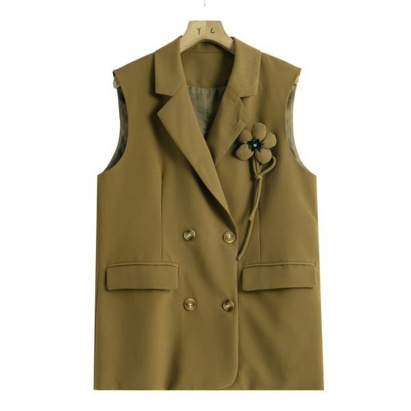 【2color】フラワーブローチ ダブルブレスト ベストジャケット X-427