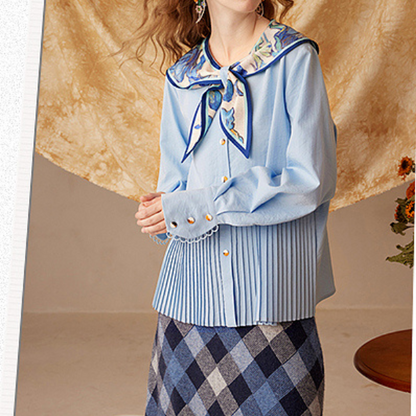 【4color】ゴッホのアートプリント入りプリーツシャツ X-516