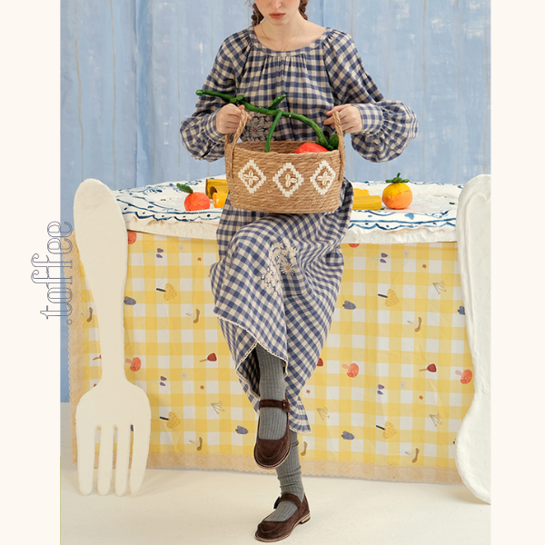 ギンガムチェックウエストリボンロングワンピース　《Z00757》