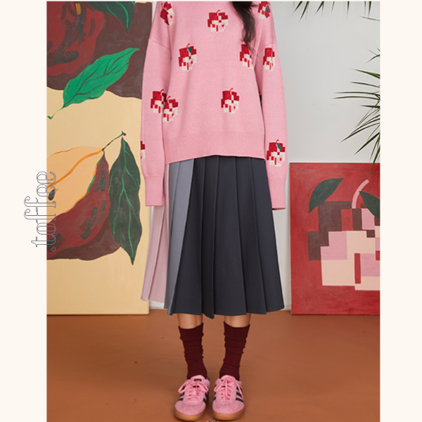 コントラストカラーミモレ丈プリーツスカート　《Z00701》