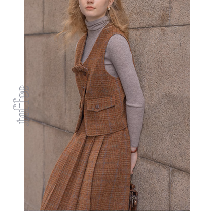 【3color】チェック柄リボン装飾ジレ＆ミモレ丈プリーツスカートセットアップ《Z00858》