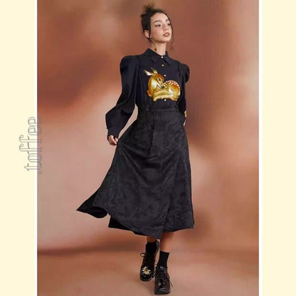 幻想的な水墨画ジャガードが織りなす：オリエンタルサスペンダースカート C0188