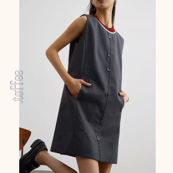 コントラストカラーフロントボタンノースリーブミニワンピース《Z00945》