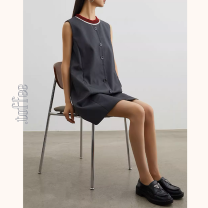 コントラストカラーフロントボタンノースリーブミニワンピース《Z00945》