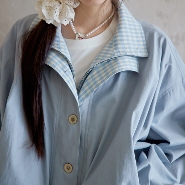 無地×ギンガムチェックのコントラストカラーバルーンジャケット　《Z00765》
