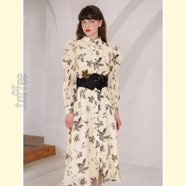 クラシカルボタニカルプリント　パフスリーブシャツワンピース　C0165