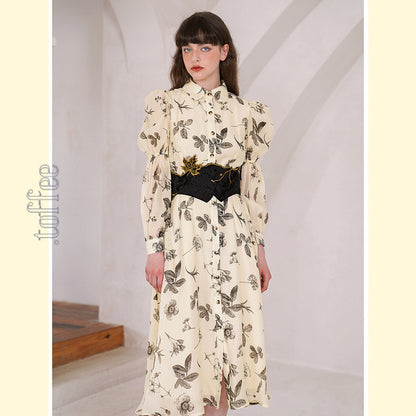 クラシカルボタニカルプリント　パフスリーブシャツワンピース　C0165