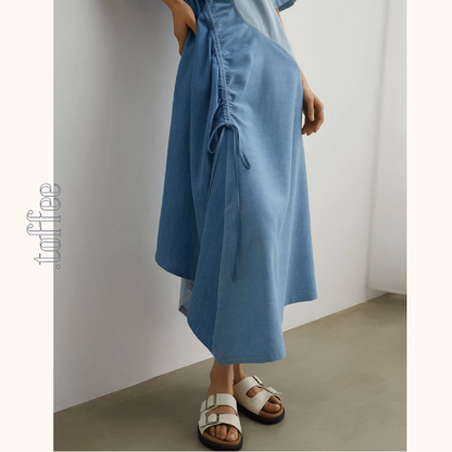 パッチワークアシメトリードローストリングロングワンピース《Z00950》