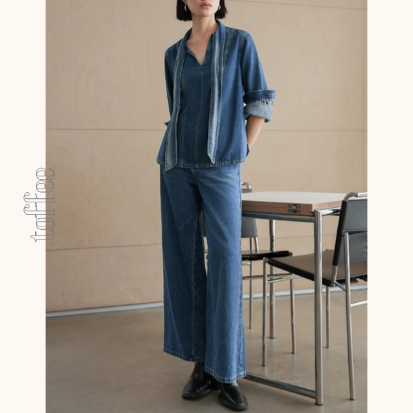 リボンタイ付きウォッシュドデニムシャツ　Z00611