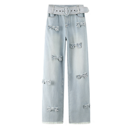 リボン付きワイドデニムパンツ　Z00398