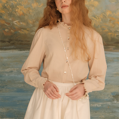 【2color】フリルネックショートブラウス　《Z00618》