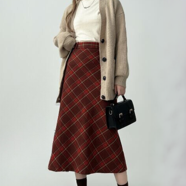 タータンチェックAラインロングスカート X-515