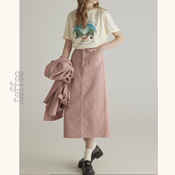 ピンクデニムジャケット＆ミモレ丈ストレートスカートセットアップ　《Z00776》