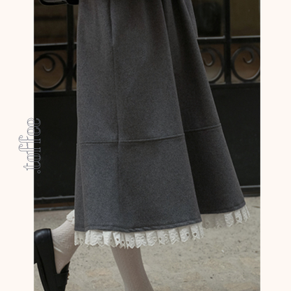 リボン＆レースジャケット＆Aラインミディ丈フレアスカートセットアップ　《Z00782》