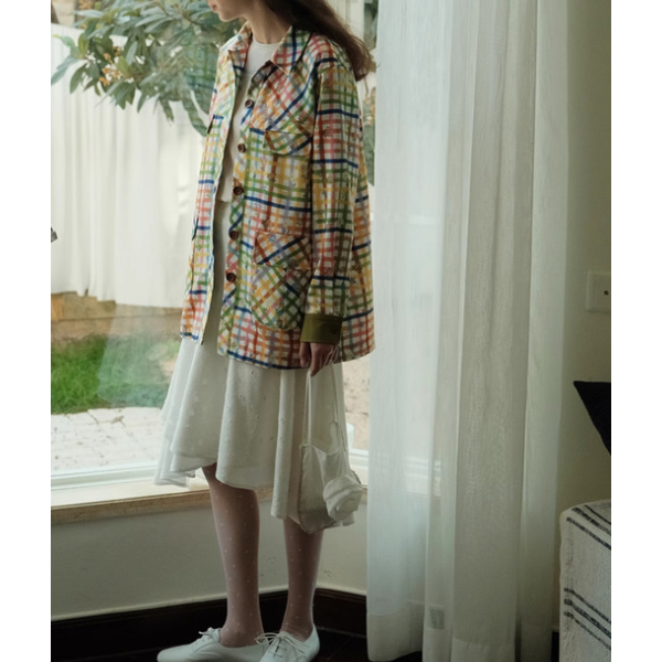 小花×チェック柄のカラフルシャツ Z00078