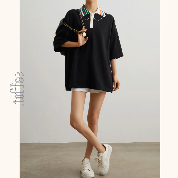 カラフルポロカラーオーバーサイズトップ＆ホワイトショートパンツのセットアップ《Z00944》