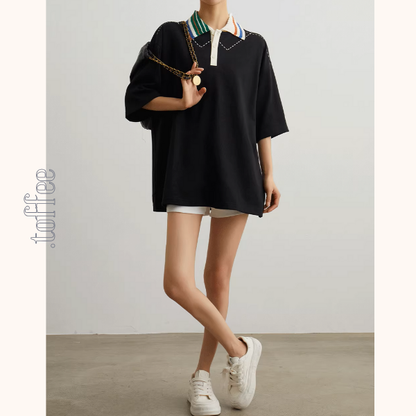 カラフルポロカラーオーバーサイズトップ＆ホワイトショートパンツのセットアップ《Z00944》