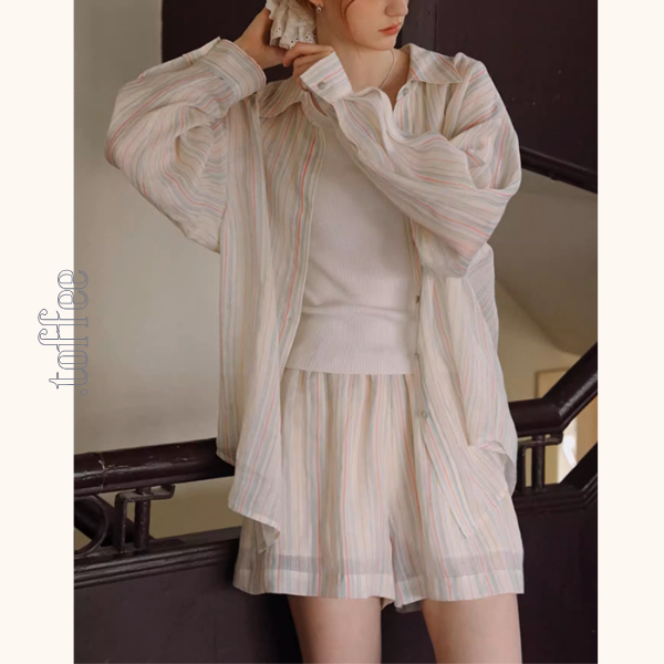 カラフルストライプルーズシャツ＆ワイドショートパンツのセットアップ《Z01029》