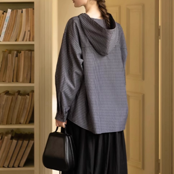 【2color】チェック柄フーディーシャツ《Z00978》