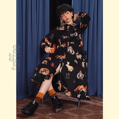 レトロエレガンス：クラシックアートのブラックシャツワンピース 《C0209》