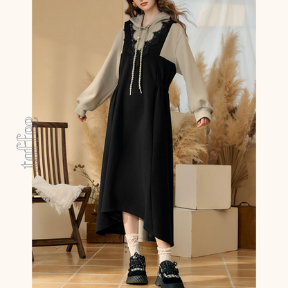 レイヤード風フード付きロングワンピース　Z00532