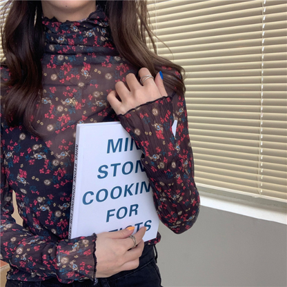 【5color】レトロな花柄シースルートップス Z00105