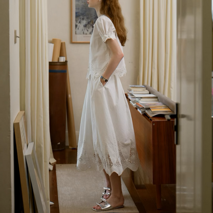 レーズヘムブラウス＆フローラルレースミモレ丈スカートセットアップ《Z00896》