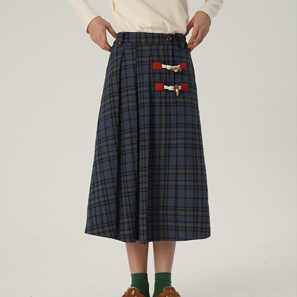 【2color】ホーンボタンチェック柄ロングスカート　Z00607