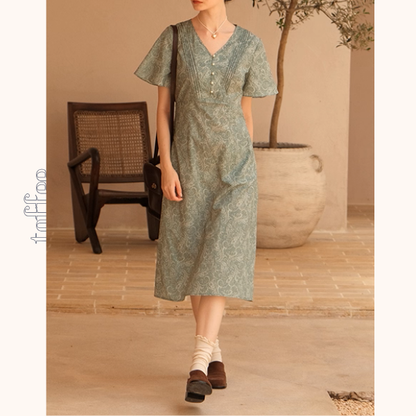 優美なペイズリー柄Vネックワンピース《Z01047》