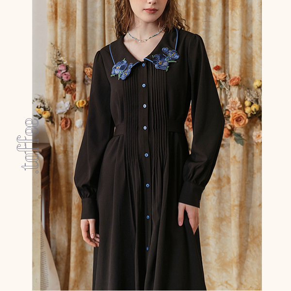 フラワー刺繍レースヘムブラックワンピース　《Z00680》