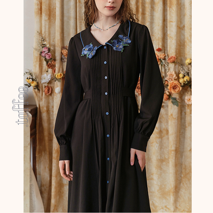 フラワー刺繍レースヘムブラックワンピース　《Z00680》