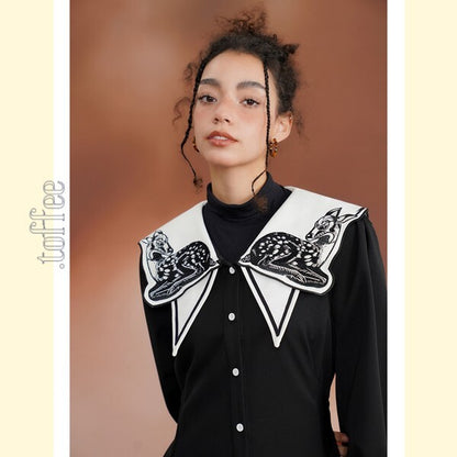 月明かりのバンビが佇む：オリエンタルと幻想が交差するプレッピーワンピース C0186