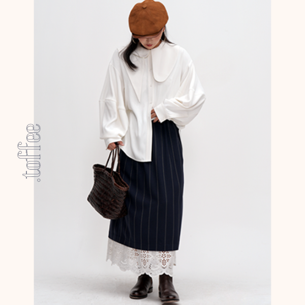 ネイビーストライプ＆レース重ね着スカート　Z00477
