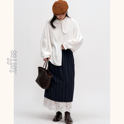 ネイビーストライプ＆レース重ね着スカート　Z00477