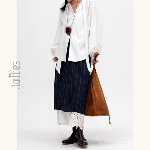 ネイビーストライプ＆レース重ね着スカート　Z00477