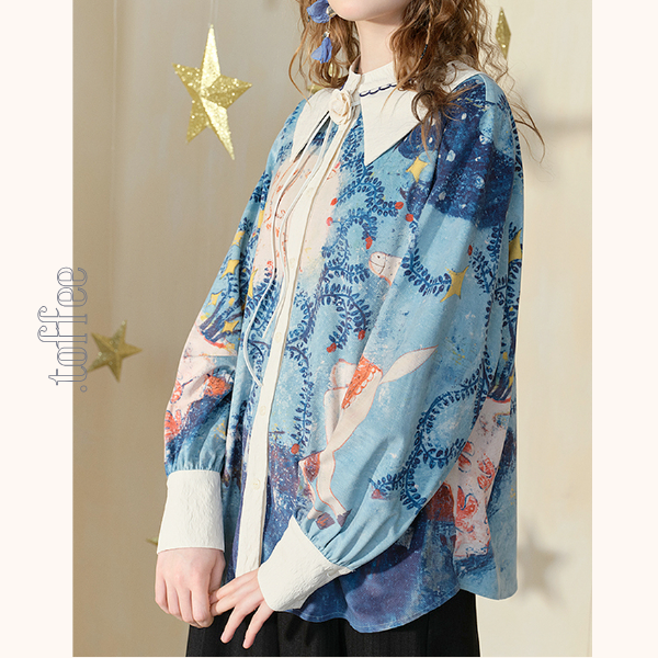 ポニーと星空の油絵プリントシャツ《Z00840》