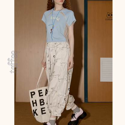 イラストプリントイージークロップドパンツ《Z00899》