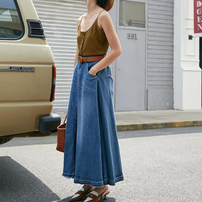 デニムミモレ丈フレアスカート w-012
