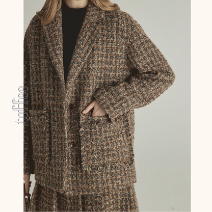 千鳥格子ツイードジャケット＆ロングプリーツスカートセットアップ　《Z00775》