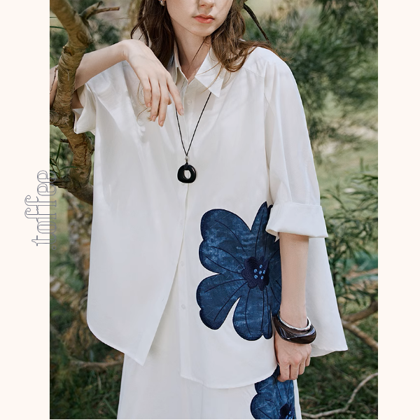 フラワー刺繍オーバーサイズシャツ＆Aラインミモレ丈スカートセットアップ《Z00927》