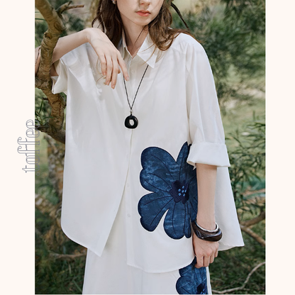 フラワー刺繍オーバーサイズシャツ＆Aラインミモレ丈スカートセットアップ《Z00927》