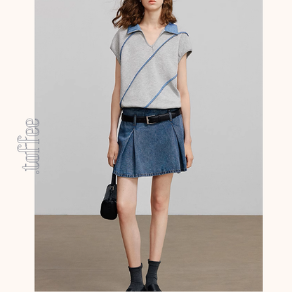 斜めラインVネックフレンチスリーブトップス《Z00922》