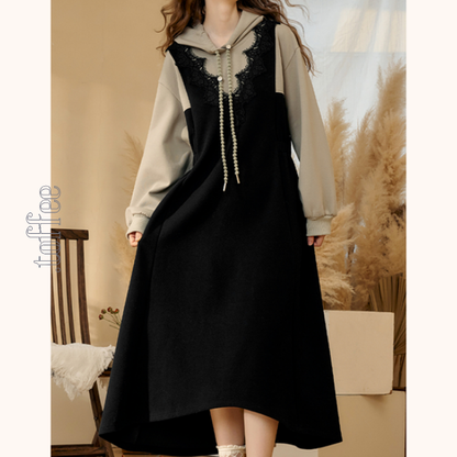 レイヤード風フード付きロングワンピース　Z00532