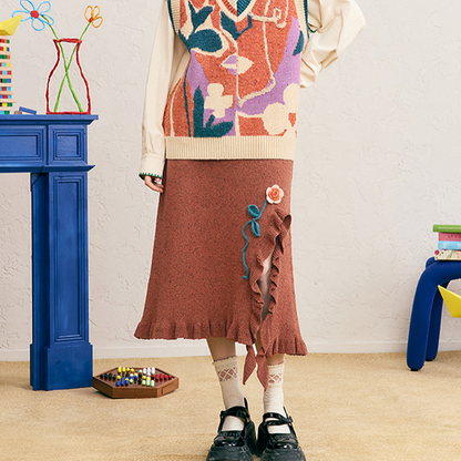 フラワー刺繍＆フリルヘムロングスカート 《Z00686》