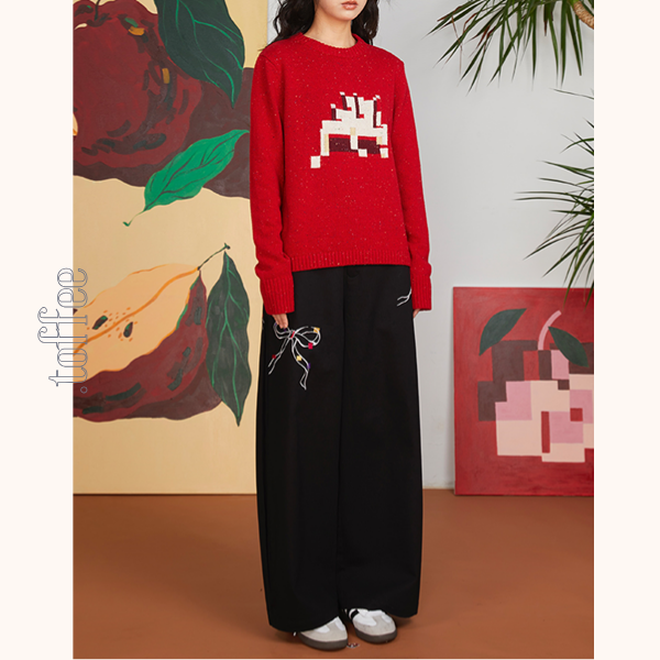 リボン刺繍ルーズストレートパンツ　《Z00700》